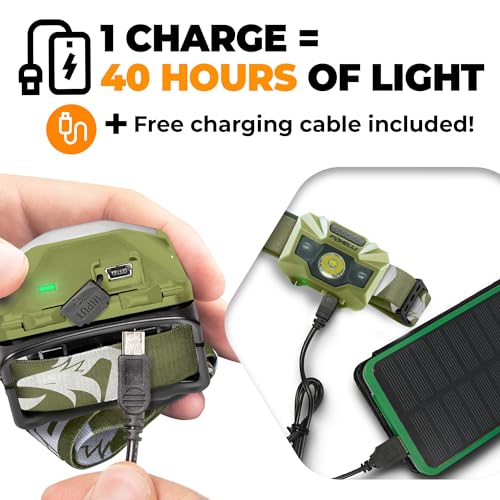 Foxelli USB‑C Rechargeable LED Headlamp – Ultra‑Light 2.4 oz & Bright 180 Lumens – Red/White Light, 5 Modes, IPX5 Waterproof, 40 h Runtime for Trail Running, Camping, Hiking - color: Khaki