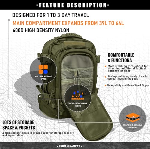 Miramrax Tactical Backpack Military Army Daypack - Assault Pack for Men Molle Backpacks Bug Out Bag 3 Day Pack for Hiking Camping Travel Hunting Rucksack Trekking Green - color: Green