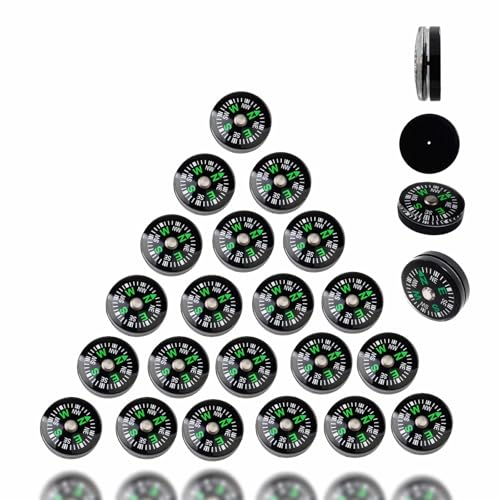 25-Pack Mini Liquid Filled Compass - 20mm Pocket Sized Directional Compass for Hiking, Camping, Survival, Outdoor Activities, Emergency Kits, and Gifts, Black with Green Markings