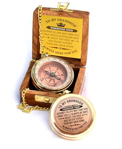 to My Son Compass with Wooden Box-Mom to Son Compass–Father to Son Gifts- to My Grandson -Graduation Day Gifts for Son-Birthday, Baptism, Graduation, Confirmation, Communion Compass for Women Men - style: # 2 To my Grandson compass