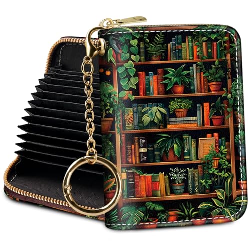 Yonlevres Credit Card Holder RFID Small Wallet Women Keychain Zipper - color: Book Plant