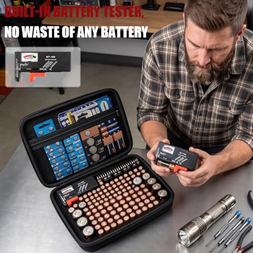 Comecase Battery Organizer Storage Case with Tester, Holds 164+ Batteries - size: Large 164+ Batteries