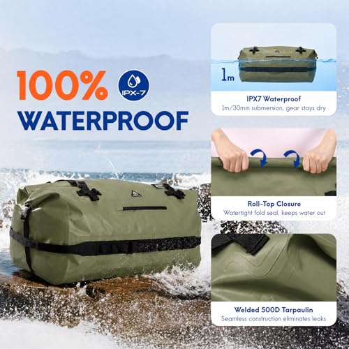 Haimont IPX7 Waterproof Roll-Top Dry Duffel Backpack | 60L/90L Sizes, 500D Tarpaulin, Welded Seams, Mesh Pockets, Boating & Kayaking - color: Army Green, size: 90L
