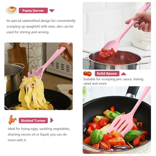 TeamFar Silicone Cooking Utensils, 10 pcs Kitchen Cooking Utensils Set | Heat Resistant Kitchen Gadgets Tools Set w/Spatula, Turners, Spoons, Soup Ladle, Pasta Server for Nonstick Cookware, Pink - color: Pink