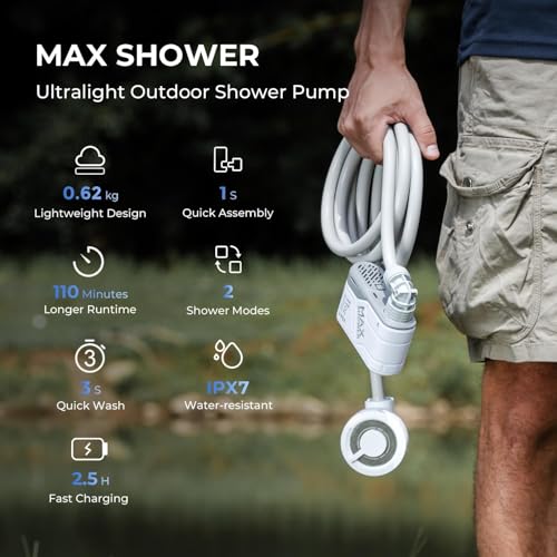 FLEXTAILGEAR MAX Shower Portable Shower for Camping, Rechargeable Outdoor Camping Shower, Portable Shower Pump with USB-C,Shower Pump for Hiking, Car wash, Pet Cleaning, Beach Vacations - color: Pearl White