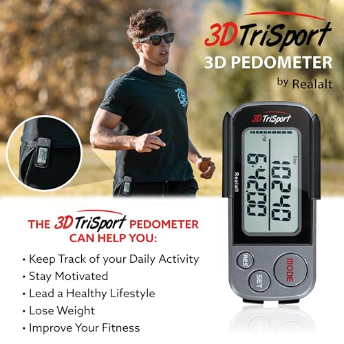 3DTriSport 3D Walking Pedometer with Clip & Strap, Accurate Step Counter with 30-Day Memory, Distance in Miles/KM Large Display Perfect for Seniors & Beginners eBook Included