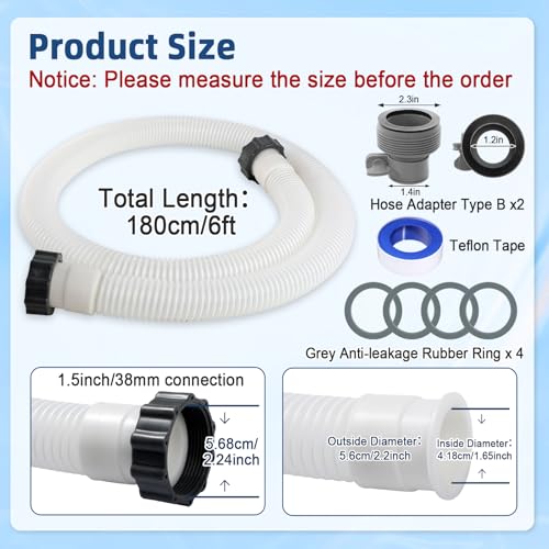 2 Pack 1.5" 6 Ft EVA Pool Hoses with Hose Adapter Type B 1.25" to 1.5" Conversion for Above Ground Pools 1 1/2 Professional Pump Hoses Heavy Duty Filter Connect Hose for Saltwater System (White) - color: White-transparent