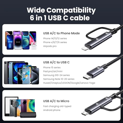 240W Multi Charging Cable, 4ft 6-in-1 USB C Cable Fast Charging Cords with USB-C/A Ports to IP/Type C/Micro Connectors for Pad/Cell Phones/Tablets/Laptop - size: 4ft