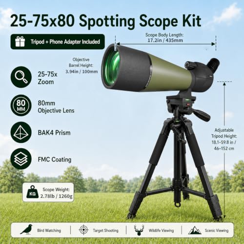 NWDEY Spotting Scope 25-75x80 with 60in Tripod, BAK4 Prism, FMC Optics - size: 25-75x80mm