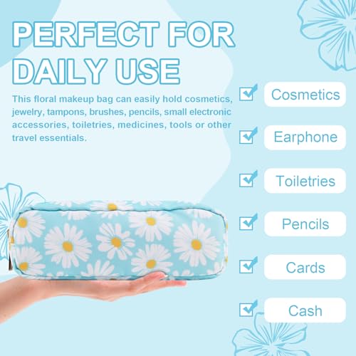 Waterproof Small Floral Pencil Case Makeup Bag for Purse,Cute Flower Pencil Pouch Preppy Nylon Makeup Brush Holder with Zipper,Girls Portable Storage Case Small Pen Bag for Work(Slim Blue-Daisy) - color: Blue-Daisy, size: Slim