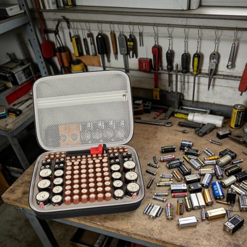 Comecase Battery Organizer Storage Box with Tester, Hard EVA Battery Case Holds 150+ AA AAA C D 9V 3V Lithium Batteries, Compact Battery Holder Carrying Bag for Home Drawer, Garage & Travel, Black - size: Medium 100+Batteries