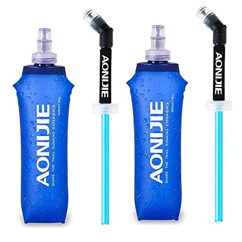 AONIJIE TPU Soft Flask Water Bottle Collapsible Running Flask for Hydration Pack, BPA Free, Wide Opening, for Outdoor Sports Hydration - color: A#500ml with straw- 2 Pcs