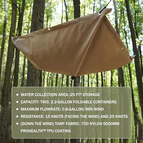 GARVIN Portable Rainwater Collection System for Camping – 5FT x 5FT Hanging Tarp with 2.2-Gallon Collapsible Water Storage Bag, Emergency Survival Hydration Gear, Lightweight & Easy Setup
