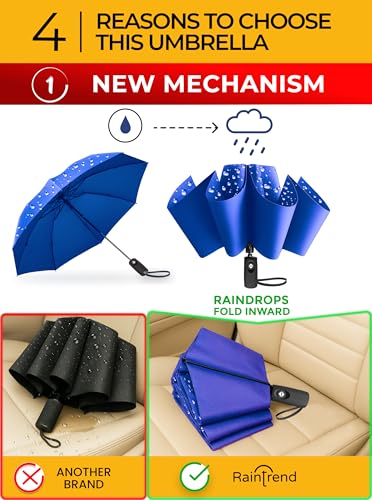 Raintrend Windproof Travel Umbrellas for Rain Automatic +10% Bigger Canopy Strong Frame Compact Folding Portable Umbrella for Women Men Backpack Purse - color: T1 Navy