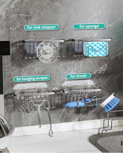 HapiRm Kitchen Sponge Holder for Sink - 2 Installation Methods Kitchen Sink Caddy Organizer with Unique M-Shaped, Rustproof Stainless Steel Sponge Caddy - Brushed Nickel (Large) - color: Brushed Nickel, size: with M-shaped Holder (Large)
