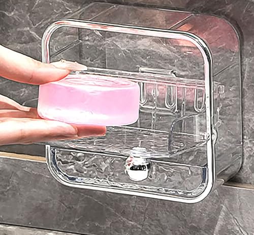 Wall Mounted Soap Box with Cover, 5 in x 4.7 in x 2 in PET and ABS Clear Soap Holder with Switchable Cover and Drain Function for Bathroom (S)