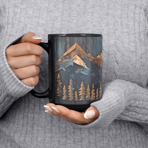 Mountains and Forest Trees Coffee Mug – One Mug, Full Wrap Design (Not Textured) – Outdoorsy Gift for Nature Lovers, Hikers, Campers & Rustic Cabin Decor – 15oz Black Ceramic Cup - size: 15 Ounces