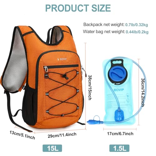 BOVIP Lightweight Hydration Back,15L Multipurpose Hiking Backpack with 1.5L Water Bladder ,Hydro Water Daypack for Cycling Hiking Rave for Men Women - size: Orange