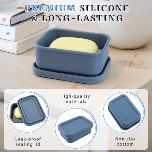 2Pcs Leak Proof Silicone Travel Soap Case with Enhanced Draining Layer, Shatterproof Soap Holder for Traveling, Camping, Gym, Bar Soap Caddy (Navy Blue+ Solid Color Cover)