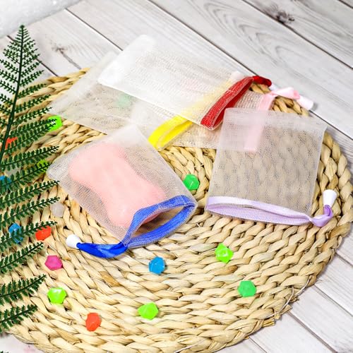 Mozeat Lens 5 PCS Soap Bags Handmade Soap Bubble Mesh Bags Exfoliating Soaps Saver Pouch Net Bag with Drawstring Body Facial Cleaning Tool for Bath & Shower (Assorted Colors) - color: 5pcs 5.7 x 3.9 inches