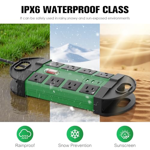 HHSOET Outdoor Weatherproof 8 Outlet Power Strip, IPX6, Green, 6FT | Outdoor Power Strip, IPX6 Waterproof Surge Protector, 2 USB-A 1 USB-C Ports, for Outdoor Patio Garden Porch Garage - color: Green, size: 6ft