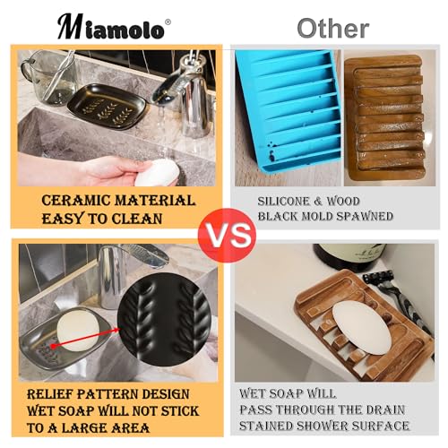 Miamolo Soap Dish for Bathroom, Bar Soap Holder for Shampoo Bars, Sponges | Raised Ridges Drain, Soap-Saving | Ceramic Soap Sver Dishwasher Safe, Fit 1-2 Large Bars | Bath Counter & Kitchen Sink, Black - color: Black, size: Leaf Design