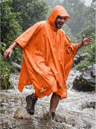 SaphiRose Hooded Rain Poncho Waterproof Raincoat Jacket for Men Women Adults - color: Orange