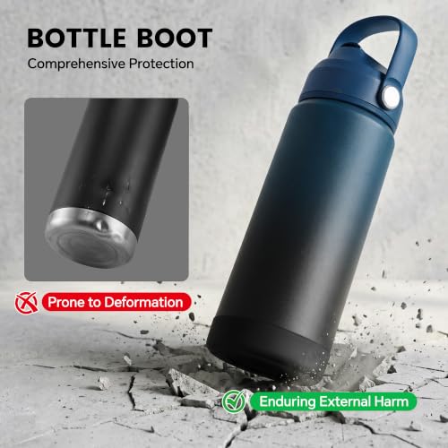 Fijinhom 24 oz Insulated Water Bottle with Straw Lid, Stainless Steel Water Bottles, Double Wall Vacuum, Portable Handle & Non-slip Bottom, BPA Free Leak Proof Metal Bottles, Keep Cold 24H, Blue/Black - color: Blue/Black, size: 24 Ounces
