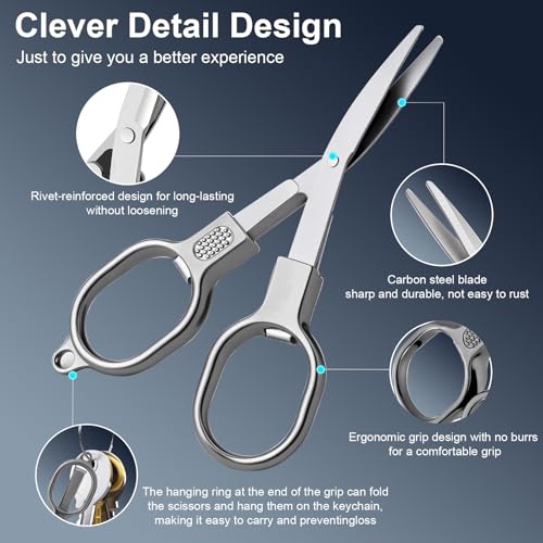 BSADIY 2 Pcs Mini Folding Stainless Steel Badge Scissors with 2 Keychains | Safety Foldable Pocket Small Travel Scissors All Purpose for Travel, Home, Office, Craft, Sewing, Nurse Accessories (Silver) - color: Silver
