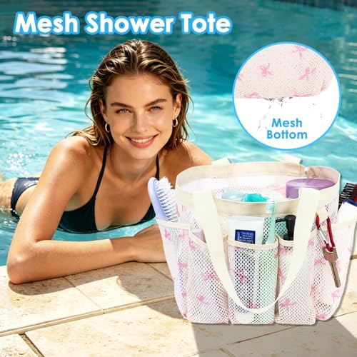 Fammart Mesh Shower Caddy Portable for College Dorm Room Essentials, Odorless Polyester Large Shower Tote Bag with Dual Handles, 8-Pocket Quick-Dry Toiletry Organizer for Travel, Beach, Camping, Gym - color: Multiple Pockets, 1 Pack - Pink Butterfly