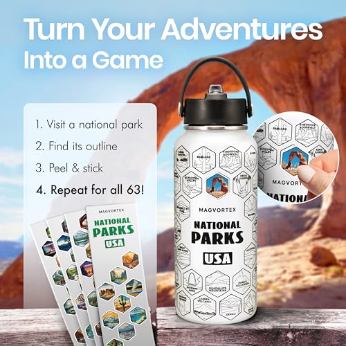 National Parks White Water Bottle with Durable Stickers – 32oz Insulated Stainless Steel Water Bottle with Spout Lid – Insulated for Cold and Hot Drinks – Metal Bottle for Gym, Hiking, Campinghite - color: White