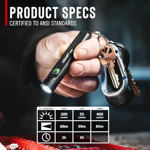 Coast KL50R 400 Lumen USB-C Rechargeble LED Pocket Flashlight, Mini-Flood & Fixed, Hat-Clip, IP54 Water Resistant