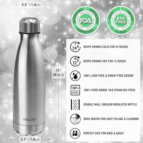 CHILLOUT LIFE 25oz Insulated Stainless Steel Water Bottle, Leak Proof - color: Stainless Steel