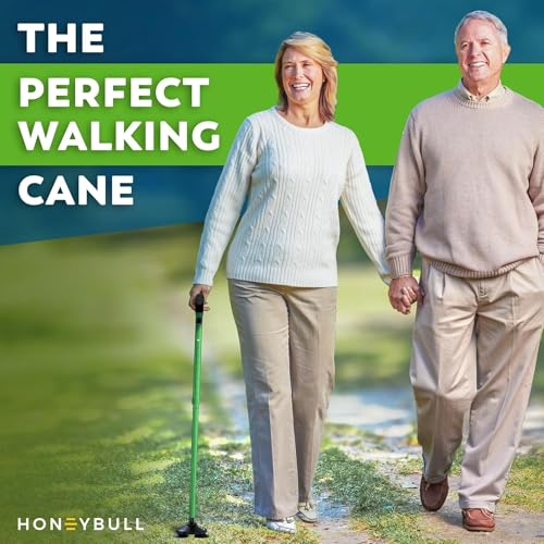 HONEYBULL Walking Cane for Men & Women, Foldable Free Standing Cane | Adjustable Height, Collapsible Design, Heavy-Duty, Pivot Base for Stable Support, Ergonomic Handle - color: Green