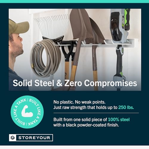 StoreYourBoard Garage Tool Organizer, 36 in, Holds 250 lb | Garden Tool Rack Wall Mount, Garden Tool Organizer, Shovel Wall Mount, Rubber Coated Hooks - color: GRAY, size: 36" Heavy Duty Steel Rack | 4 Hooks | Holds 250lbs