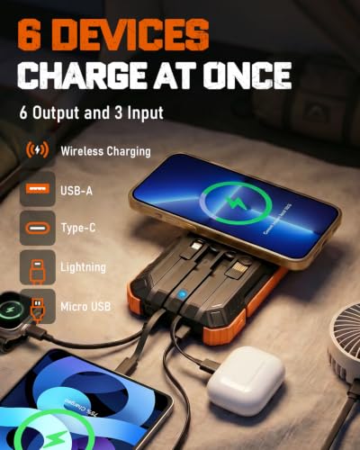 Solar Charger Power Bank - 49800mAh Solar Phone Charger with USB-C in/Output, QC 3.0 Fast Charging with LED Flashlight, Built-in 4 Cables, IP65 Waterproof Fits for Outdoor (Bright Orange)