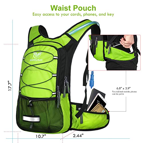 Mothybot Hydration Pack, Insulated Hydration Backpack with 2L BPA Free Water Bladder and Storage, Hiking Backpack for Men, Women, Kids for Running, Cycling, Camping - Keep Liquid Cool up to 5 Hours - color: Grass Green