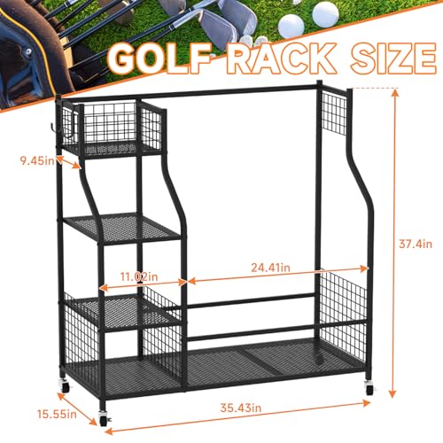hanmir Sports Equipment Organizer, Golf Ball Storage Rack & Golf Bag Holder for Garage, with Storage Basket and Hooks, Indoor Outdoor Toy Ball Organizer for Golf Clubs, Basketball, Toys