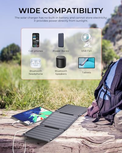 21W Solar Panel Charger BigBlue SolarPowa 20 Portable Solar Charger with USB-A/USB-C Ports, IP68 Waterproof, High-Efficiency Lightweight Foldable Solar Panels for Phones, Tablets, Camping, Backpacking - color: Gray