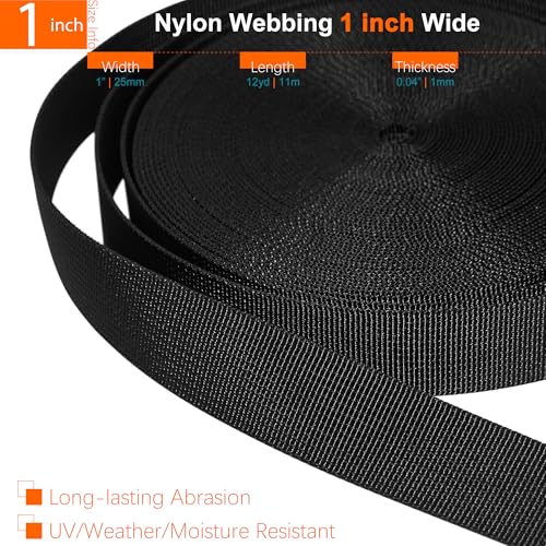 1 inch Straps and Buckles Set: 12 Yard Nylon Webbing Strap 1" Wide, 10 Pack Side Release Plastic Buckle, 20 pcs Tri-Glide Slide Clip, Heavy Duty Quick Snap Fastener Dual Adjustable No Sewing Required - size: 1" x 12 yd Strap + 10 pack Buckles
