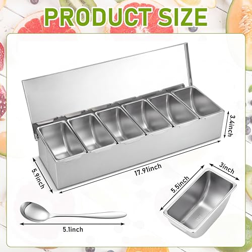 6 Compartments Stainless Steel Chilled Condiment Tray, Garnish Tray with 6 Removable Compartments, Chilled Condiment Dispenser with Lid, Fruit Serving Containers - size: 6 Compartments