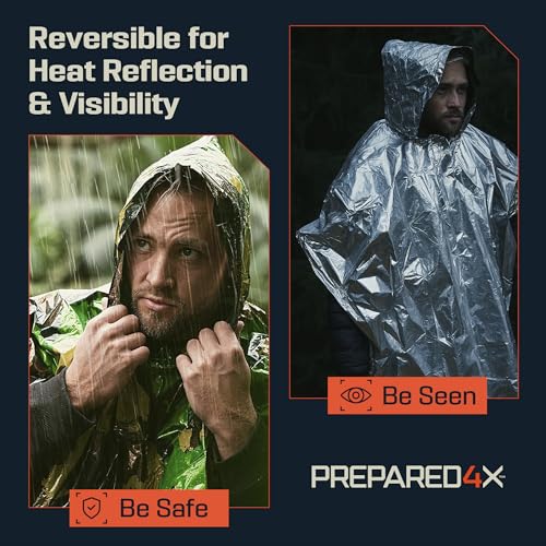 PREPARED4X Emergency Mylar Poncho – Survival Rain Poncho with Hood – Lightweight, Compact, Reusable Emergency Blanket Poncho for Hiking, Camping, Thermal Gear, Car Kit, Outdoors - color: Green Camo 4-pack