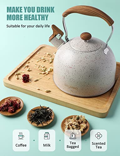 Tea Kettle, BELANKO 85 OZ / 2.5 Liter Whistling Tea Kettle, Tea Pots for Stove Top Food Grade Stainless Steel with Wood Pattern Folding Handle, Loud Whistle Kettle for Tea, Coffee, Milk - Cream White - color: Starry White