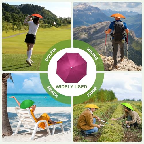 Umbrella Hat, Fishing Hat Hands Free Waterproof Adjustable Sun | Rain Cap Elastic Band Fit Camping - color: Rose Red