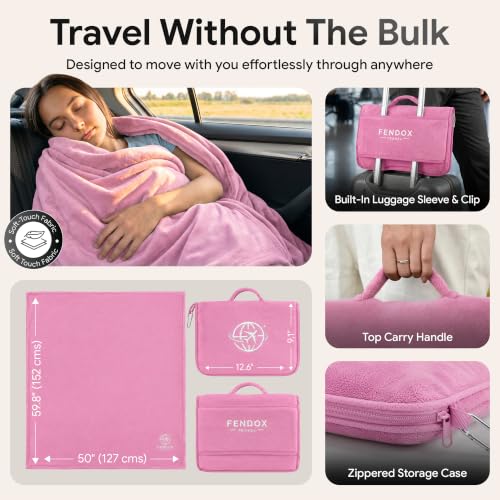 2-in-1 Travel Blanket and Pillow – Lightweight, Compact, Ultra Soft, Machine Washable – Handle, Luggage Sleeve, Backpack Clip – for Trave Airplane, Car, Office (light pink) - color: Light Pink