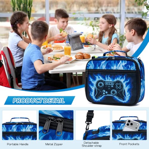 DIGOBAY Insulated Lunch Box for Kids Boys Cool Luminous Gamer Lunch Bag - color: Blue Flame