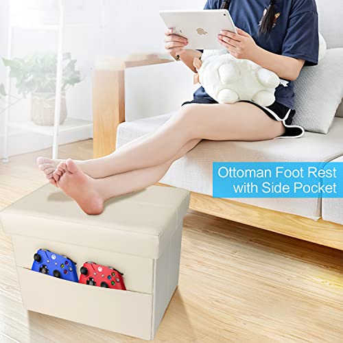 AmasSmile Ottoman with Storage,16" Folding Leather Foot Rest Chest,Beige - color: Beige Crosshairs 1 Pack., size: 16"*12"*12"with side pockets