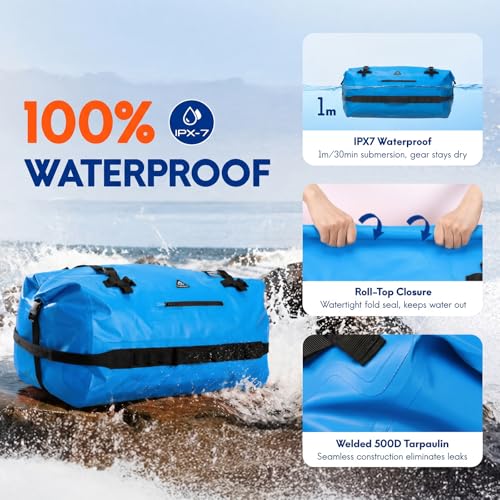 Haimont IPX7 Waterproof Roll-Top Dry Duffel Backpack | 60L/90L Sizes, 500D Tarpaulin, Welded Seams, Mesh Pockets, Boating & Kayaking - color: Blue, size: 60L