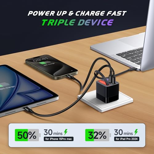 65W Retractable Wall Charger, USB C Charger Block Built-in Type C Cable
