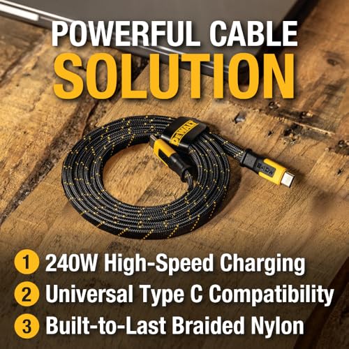 DEWALT Heavy Duty USB-C to USB-C Fast Charging Cable, 1FT | Flat 240W Type-C Fast Charging Cable for iPhone 17/16/15 Pro Max, Samsung Galaxy, MacBook, iPad, Pixel, 2-Pack - size: 1FT